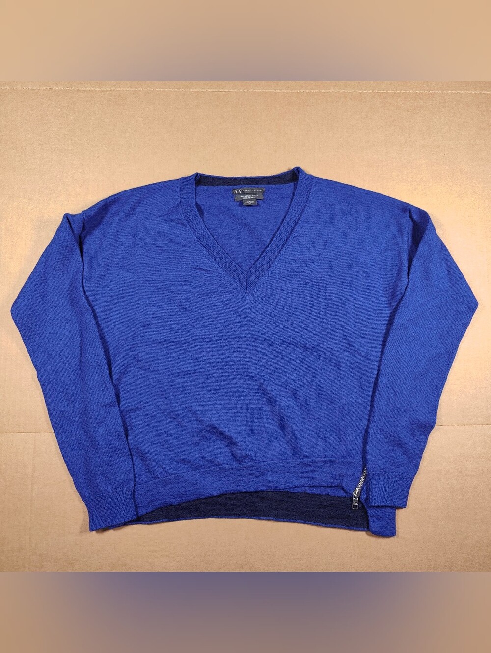 Armani Exchange Women's 100% Wool Blue V Neck Sweater Side Zip Size M
